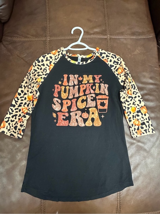 Tops - Ladies Blk Sm. “In my Pumpkin Spice Era” Raglan Tee-Leopard Pumpkin 3/4 alc #213